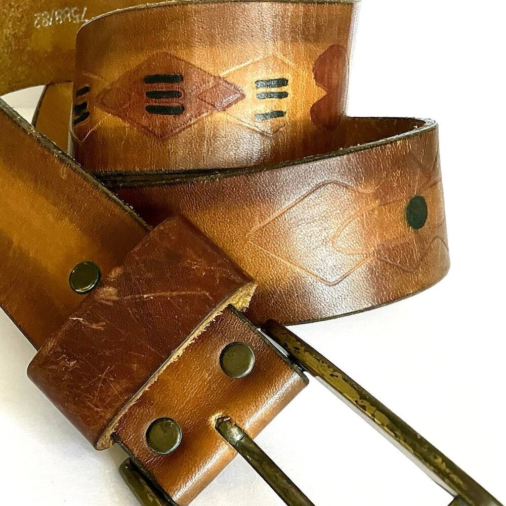 Vintage Tooled Leather Belt Painted Native Geometric Symbol Western Brass Buckle